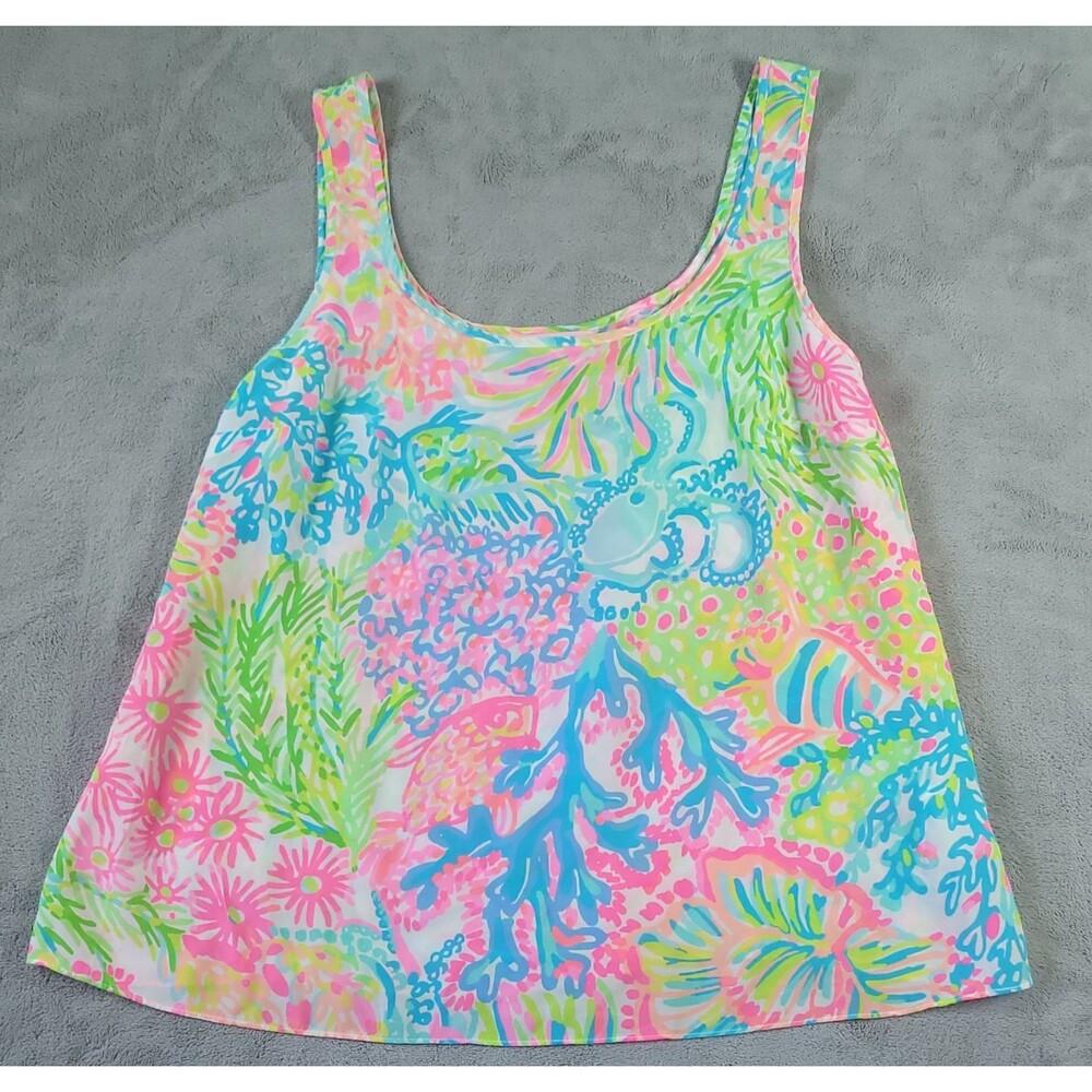 Lilly Pulitzer Cosmos Tank Top Size Large 100% Silk Lovers Coral Beach Pattern